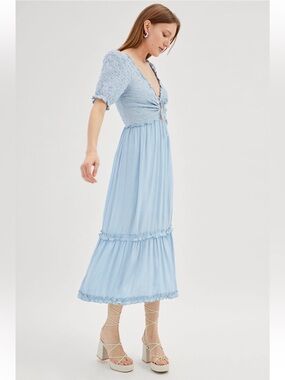 UO Picnic Time Midi Dress - Light Blue Smocked Midi Dress with Tie Front M